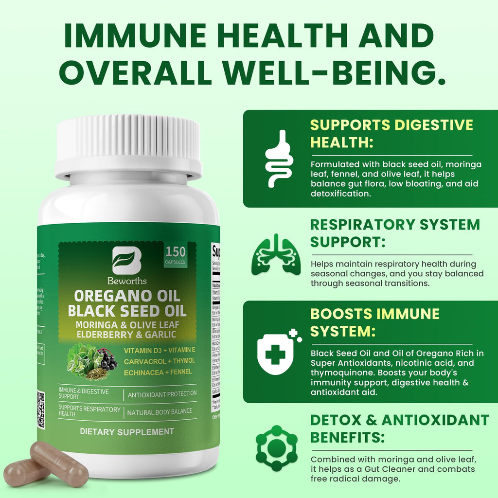 Oil of Oregano with Black Seed Oil Capsules Organic - Immune, Gut & Respiratory Support | 150 Ct