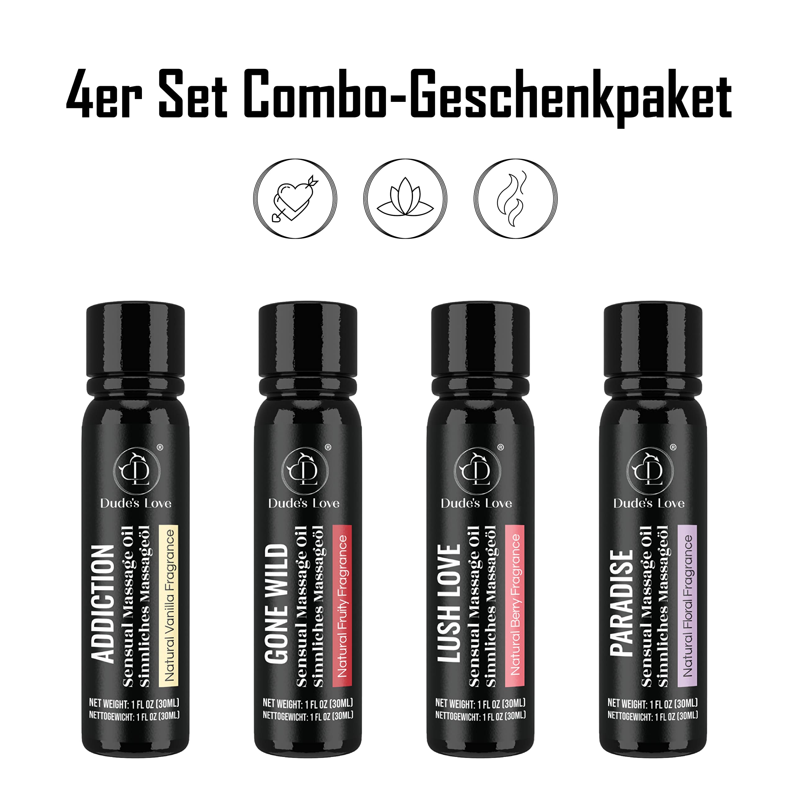 Organic Edible Massage Oil Set – 4 Travel-Size Bottles in Gift Box (Fractionated Coconut Oil)