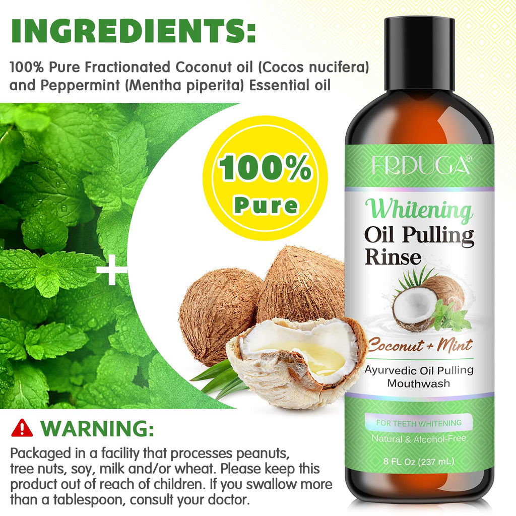 Oil Pulling Mouthwash with Coconut & Peppermint Essential Oils - Alcohol-Free, Vitamins D & E | Fresh Breath, Teeth Whitening, Gum Health | Tongue Scraper (8 Fl Oz)