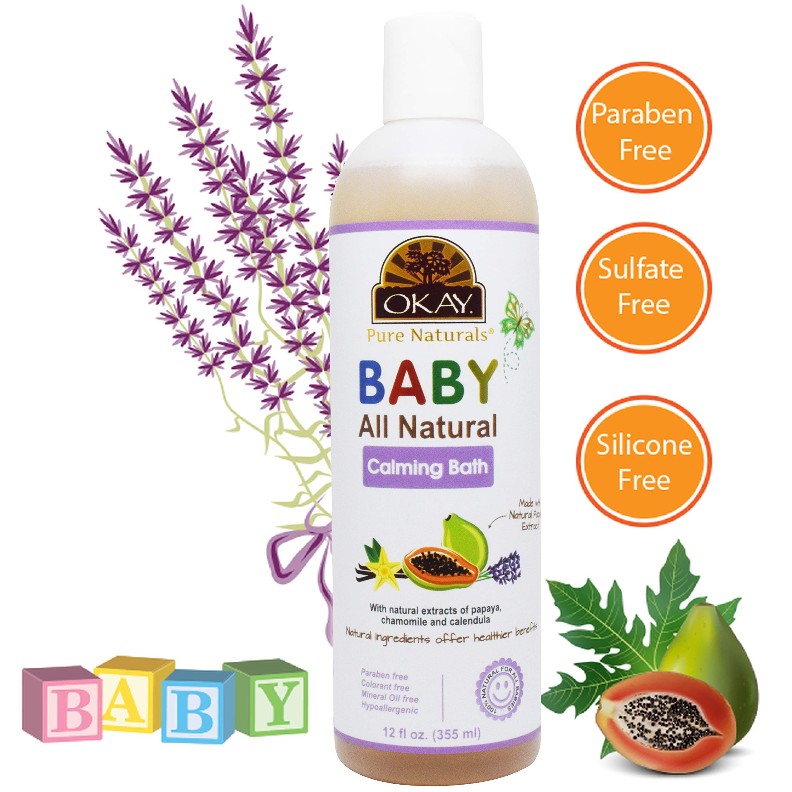 Okay Baby Calming Bath with Papaya Extract – 12 oz / 355 ml | Gentle, Soothing Baby Wash