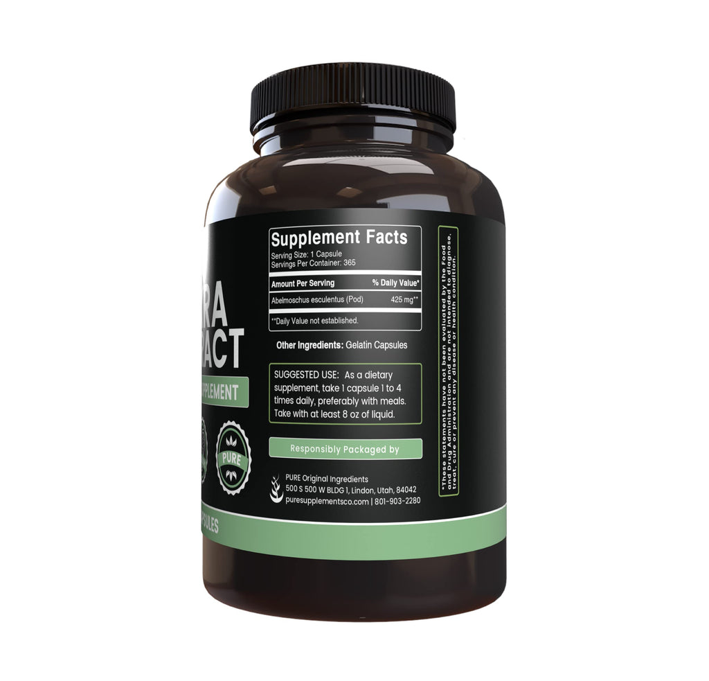 Okra Extract Capsules – Pure Original Ingredients (365 Capsules) No Magnesium or Rice Fillers | Lab Verified