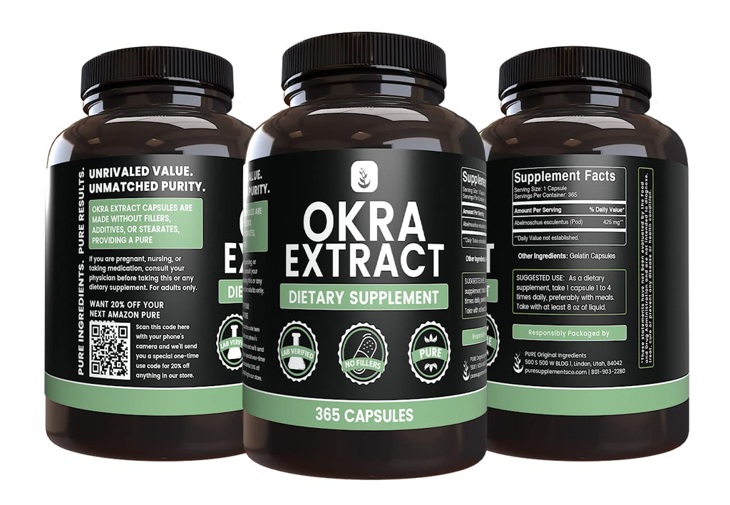 Okra Extract Capsules – Pure Original Ingredients (365 Capsules) No Magnesium or Rice Fillers | Lab Verified