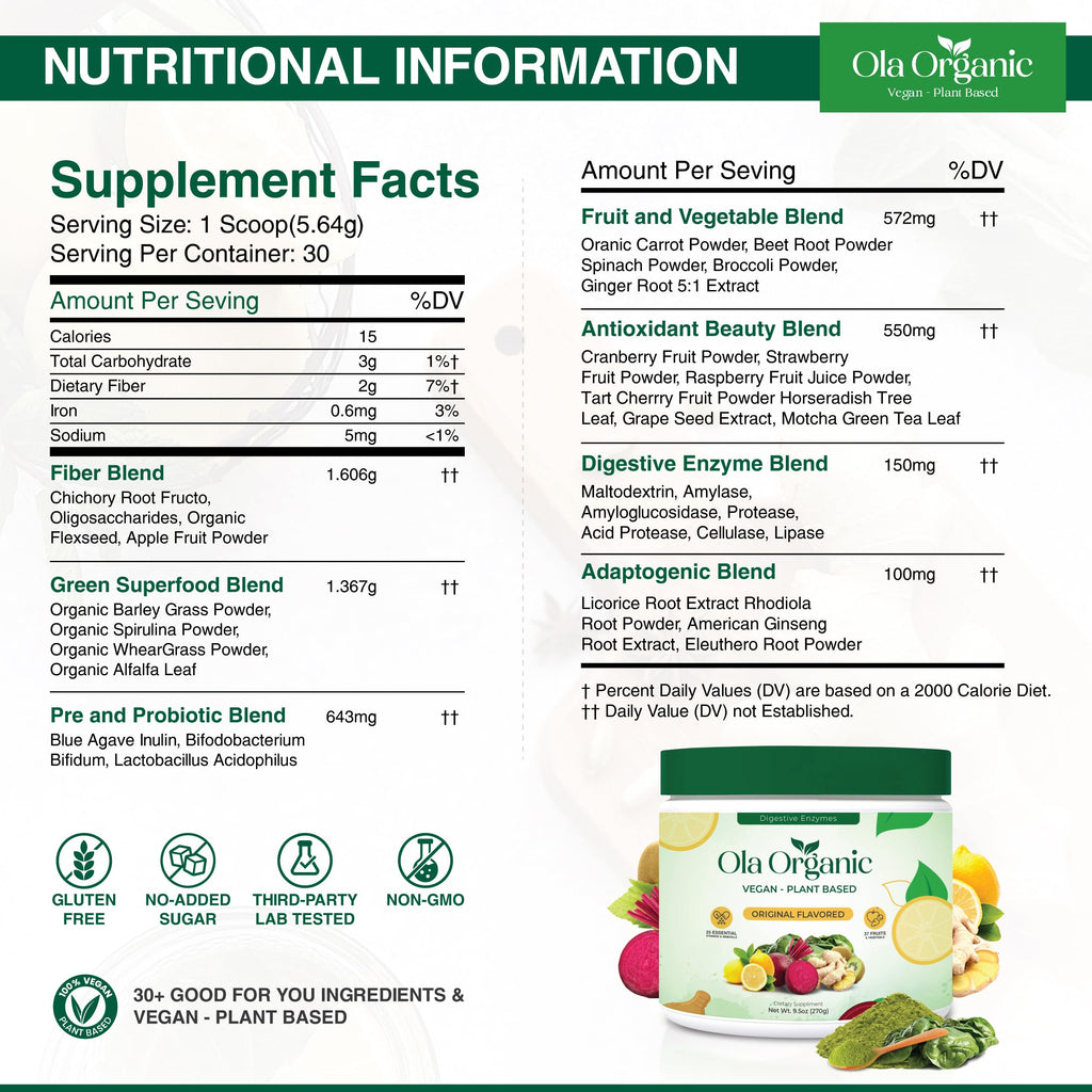 Ola Organic Greens Superfood Powder – 11 Cruciferous Vegetables, Immune Support, 270g Jar