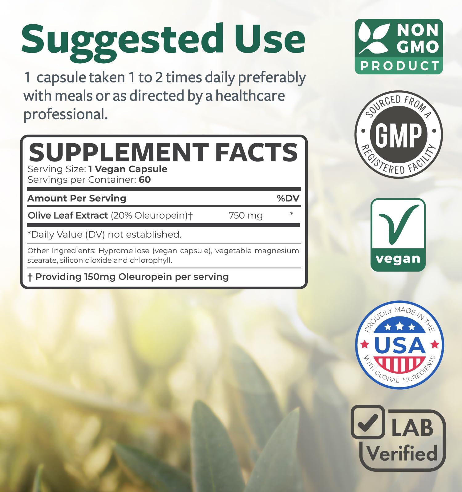 Super Strength Olive Leaf Extract Capsules – 750mg, 20% Oleuropein, Vegan & Non-GMO | Made in USA (2 Month Supply)