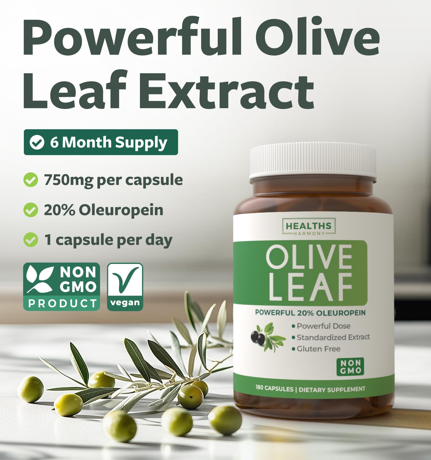 Olive Leaf Extract Capsules 750mg – 20% Oleuropein | Vegan, Non-GMO, Made in USA