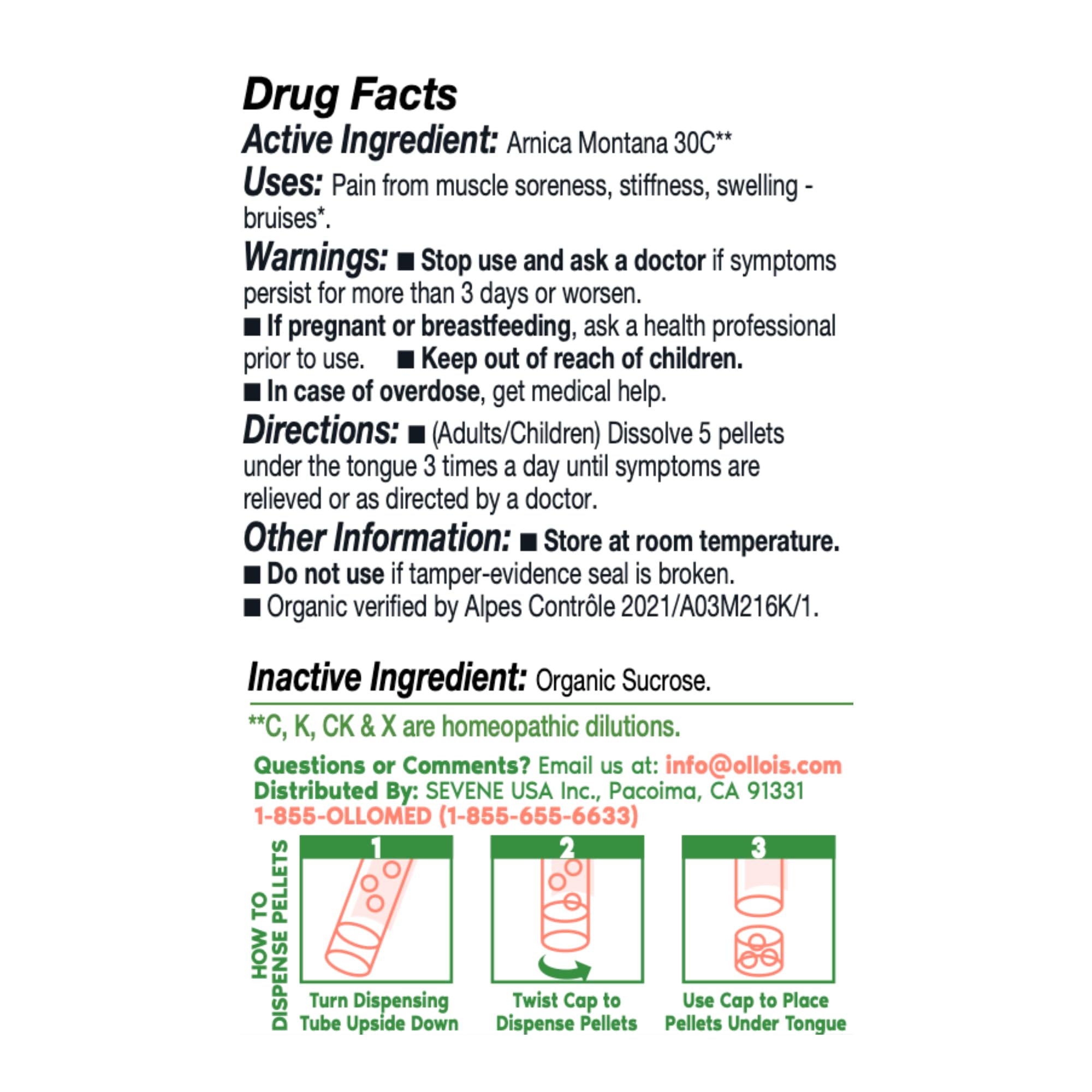 OLLOIS Arnica Montana 30C | Organic, Lactose-Free, Kosher Homeopathic Medicine - 80 Pellets (Pack of 3)
