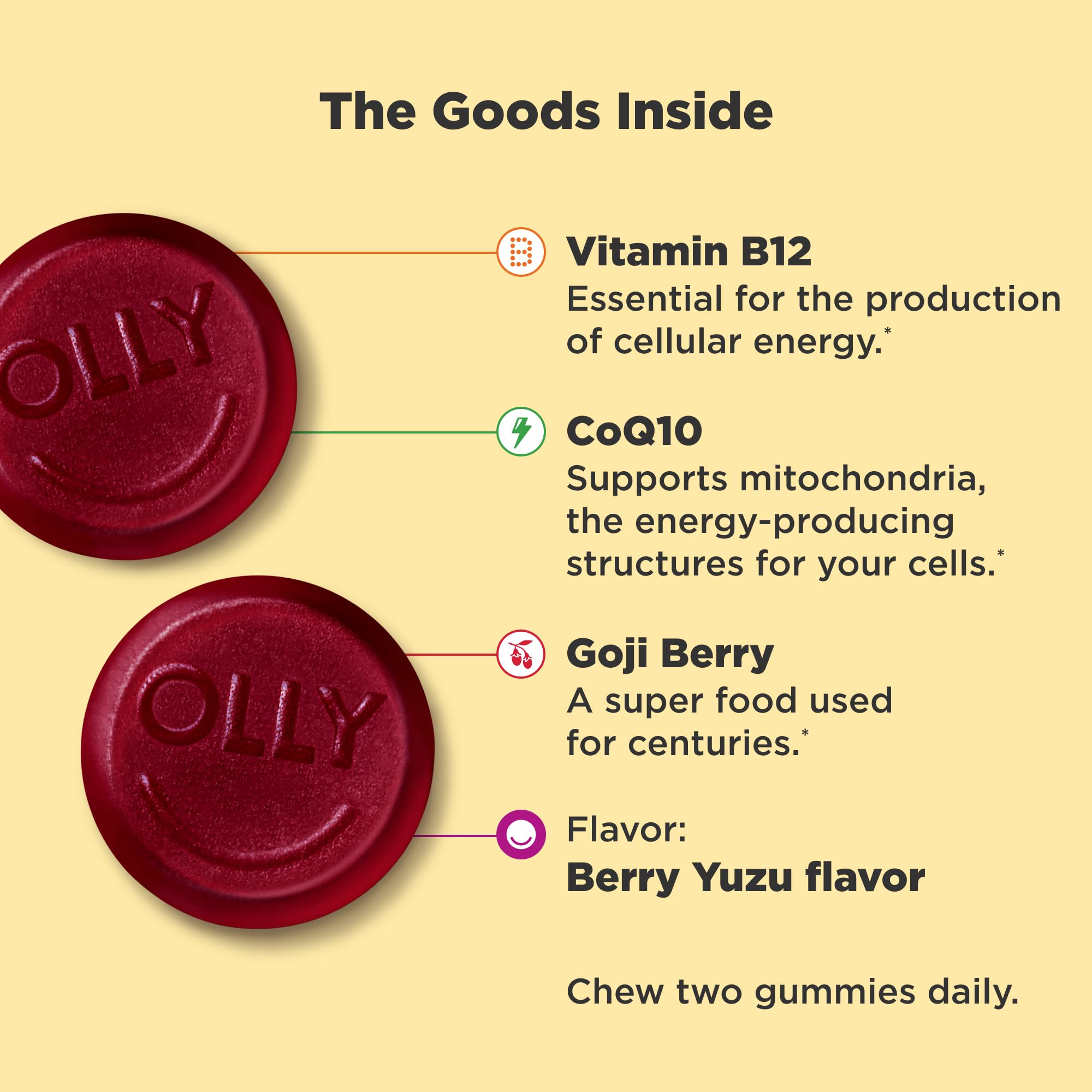 OLLY Extra Strength Daily Energy Gummies – Caffeine Free, 1000mcg B12, CoQ10 (60 ct)