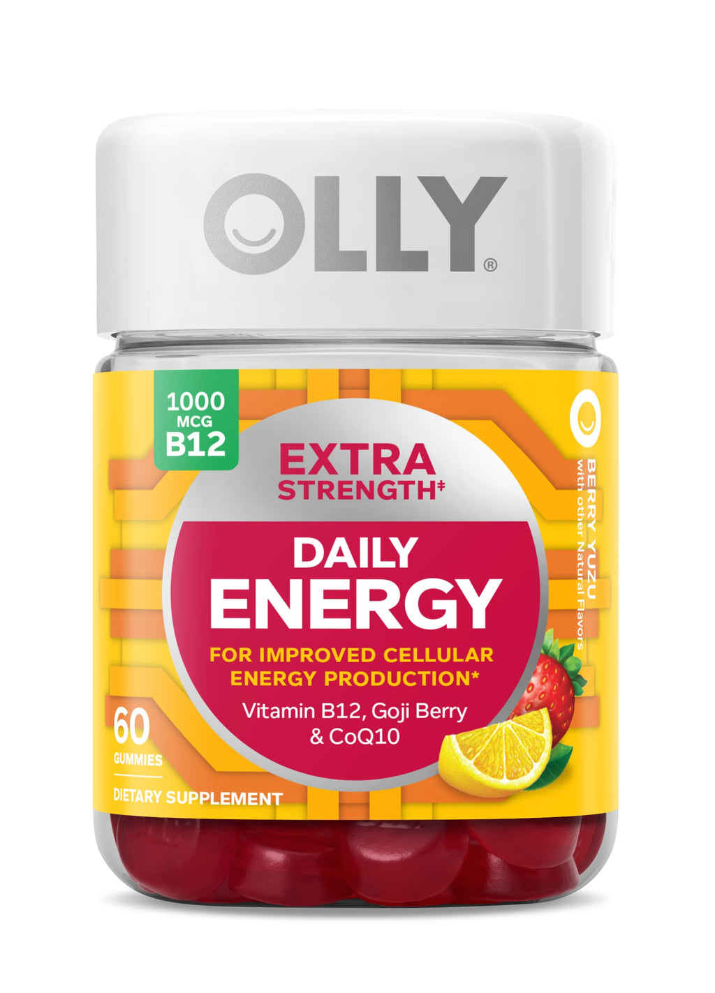 OLLY Extra Strength Daily Energy Gummies – Caffeine Free, 1000mcg B12, CoQ10 (60 ct)