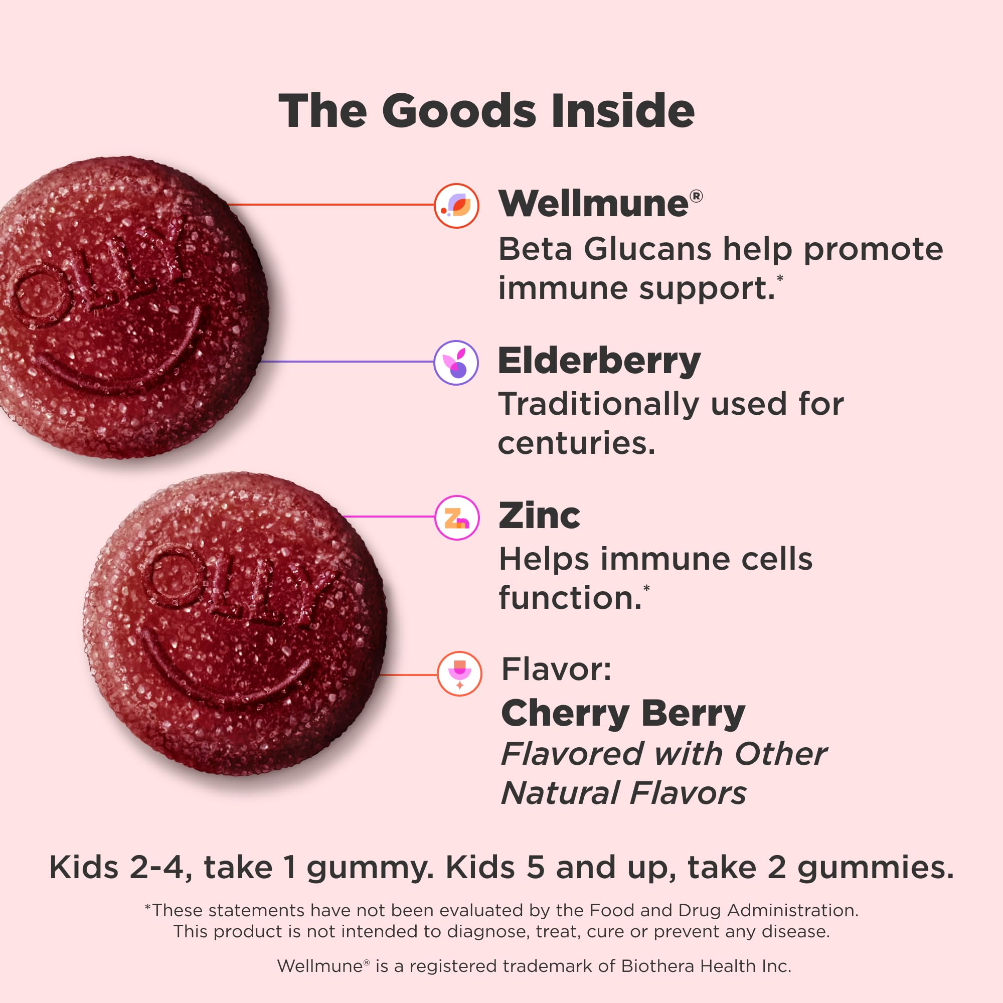 OLLY Kids Immunity Gummy – Immune Support with Wellmune, Vitamin C, Zinc (Cherry, 50 Count)