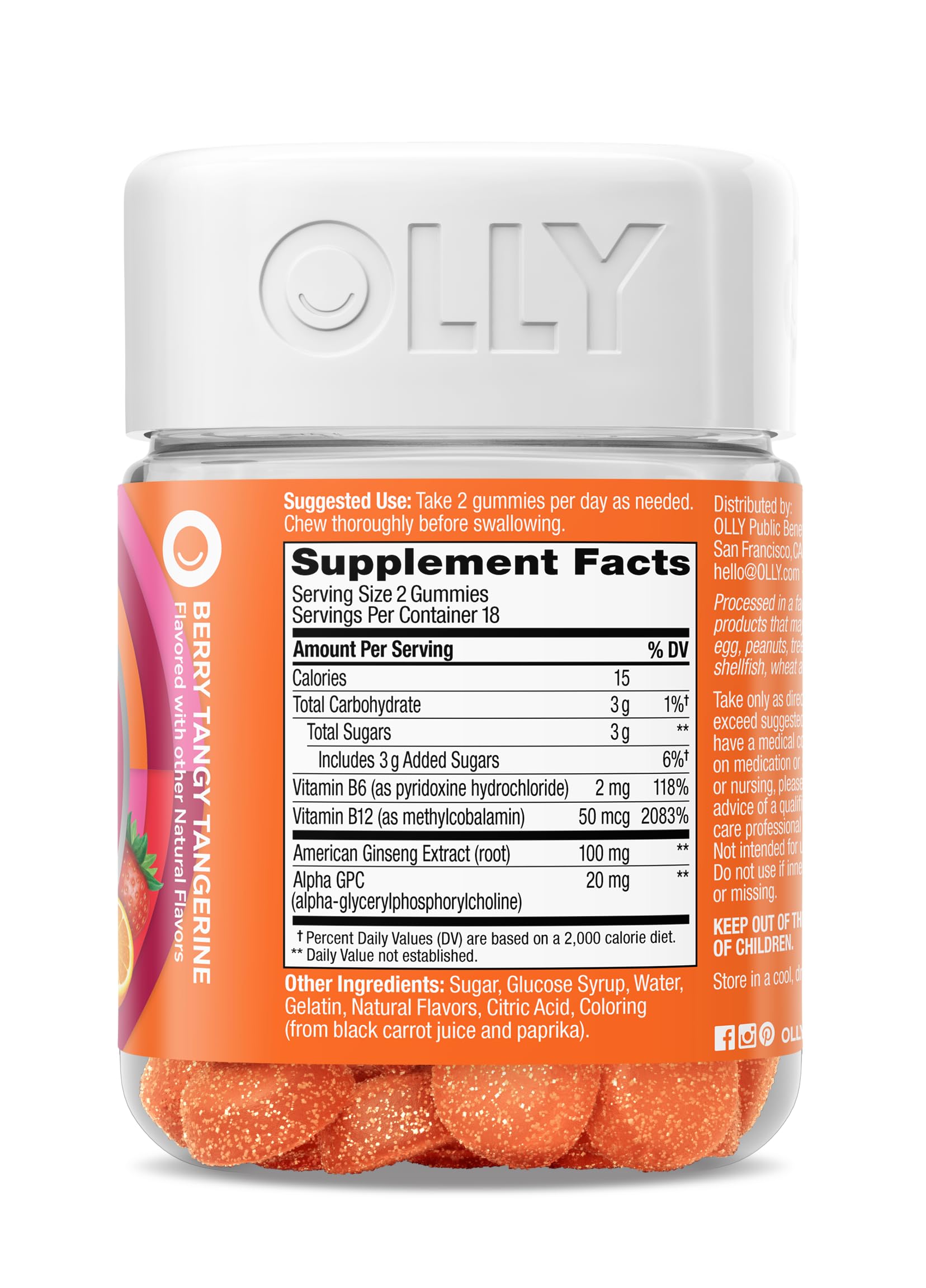 OLLY Laser Focus Gummies – Ginseng, Alpha GPC & B Vitamins, Berry Tangerine, 36 Count