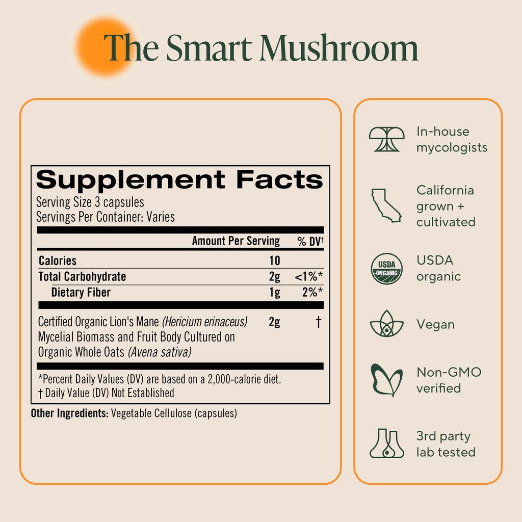 Om Lion’s Mane Mushroom Capsules – Organic Nootropic for Memory & Focus | 90 Count (30 Servings)