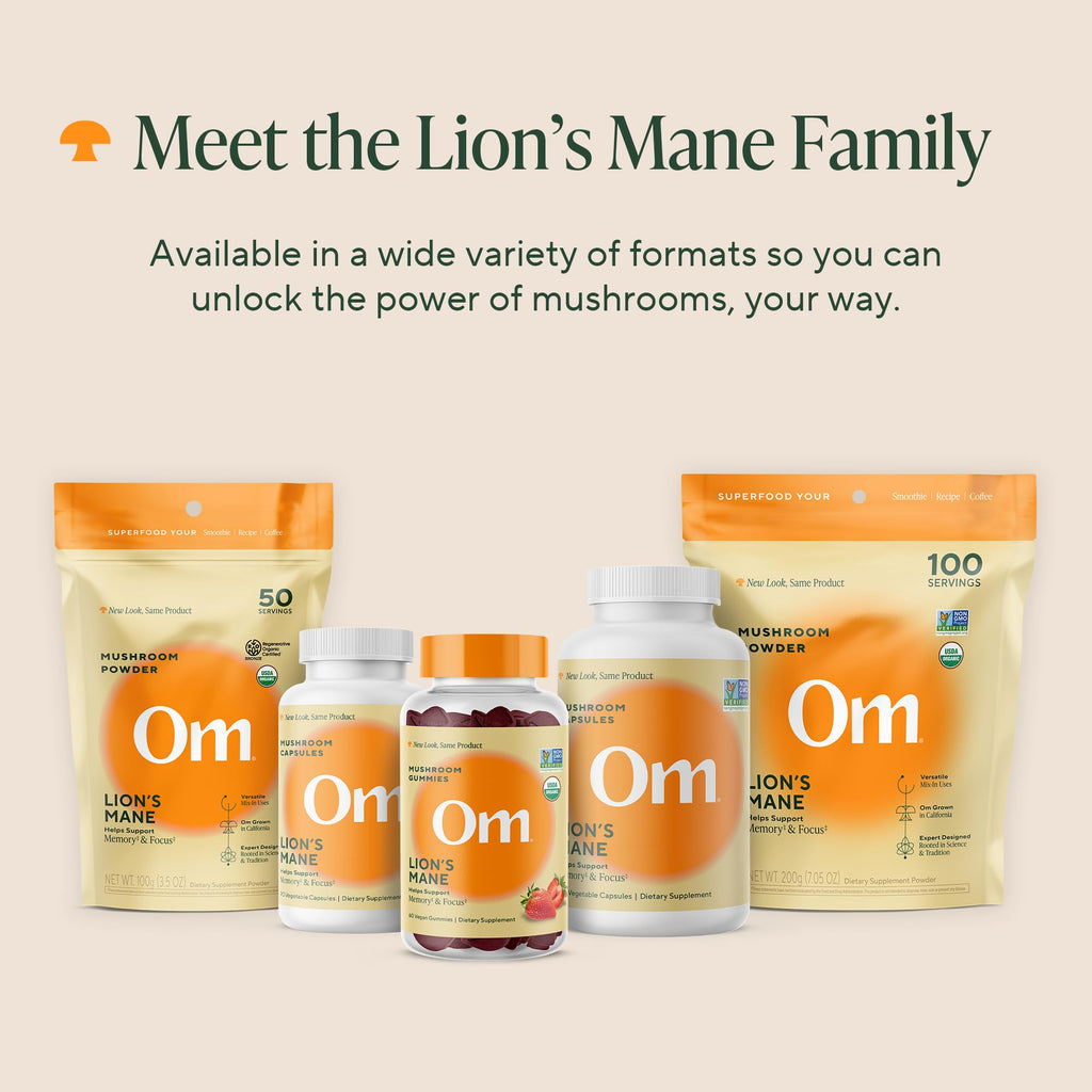Om Lion’s Mane Mushroom Capsules – Organic Nootropic for Memory & Focus | 90 Count (30 Servings)