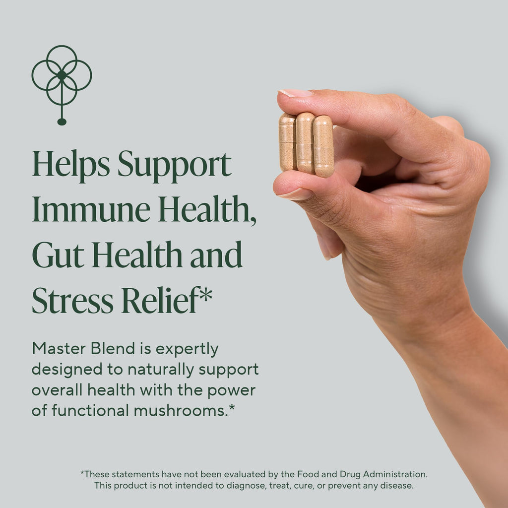 Om Master Blend Mushroom Capsules – Organic 10-Mushroom Formula + Ashwagandha, 84 Count (28 Servings)