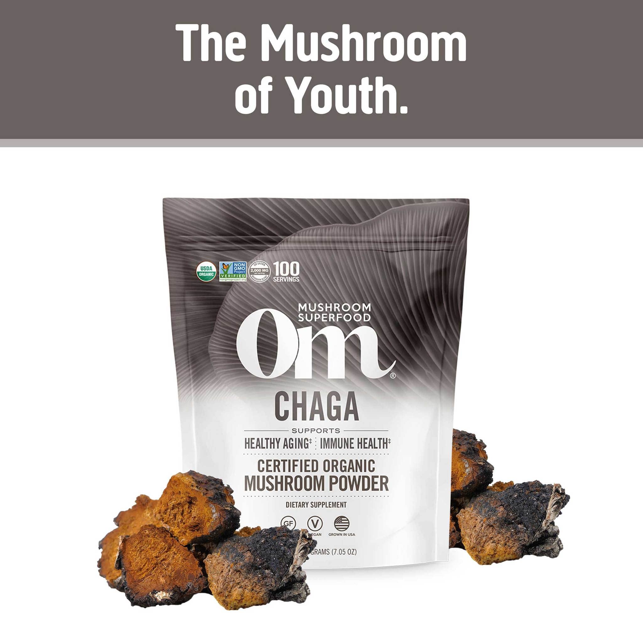 OM MUSHROOM SUPERFOOD Chaga Powder – 7.05 oz, 100 Servings, Organic