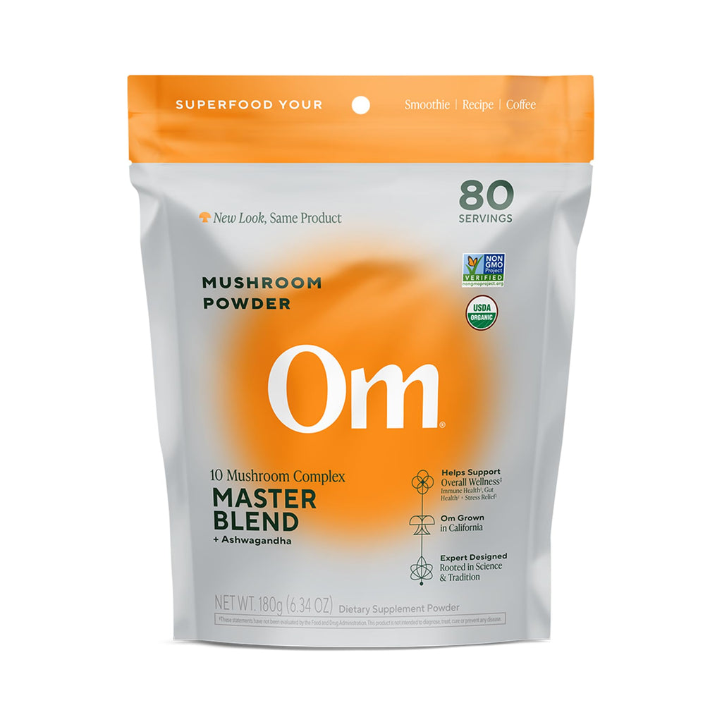 OM Mushrooms Master Blend Mushroom Powder – Organic 10 Mushrooms + Ashwagandha (6.34 oz, 80 Servings)