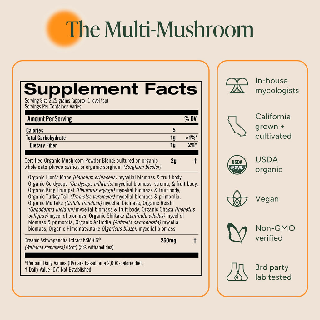 OM Mushrooms Master Blend Mushroom Powder – Organic 10 Mushrooms + Ashwagandha (6.34 oz, 80 Servings)