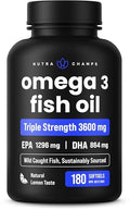Triple Strength Omega-3 Fish Oil 3600 mg | 180 Softgels | Burpless, Wild-Caught | EPA & DHA | Lemon Flavor