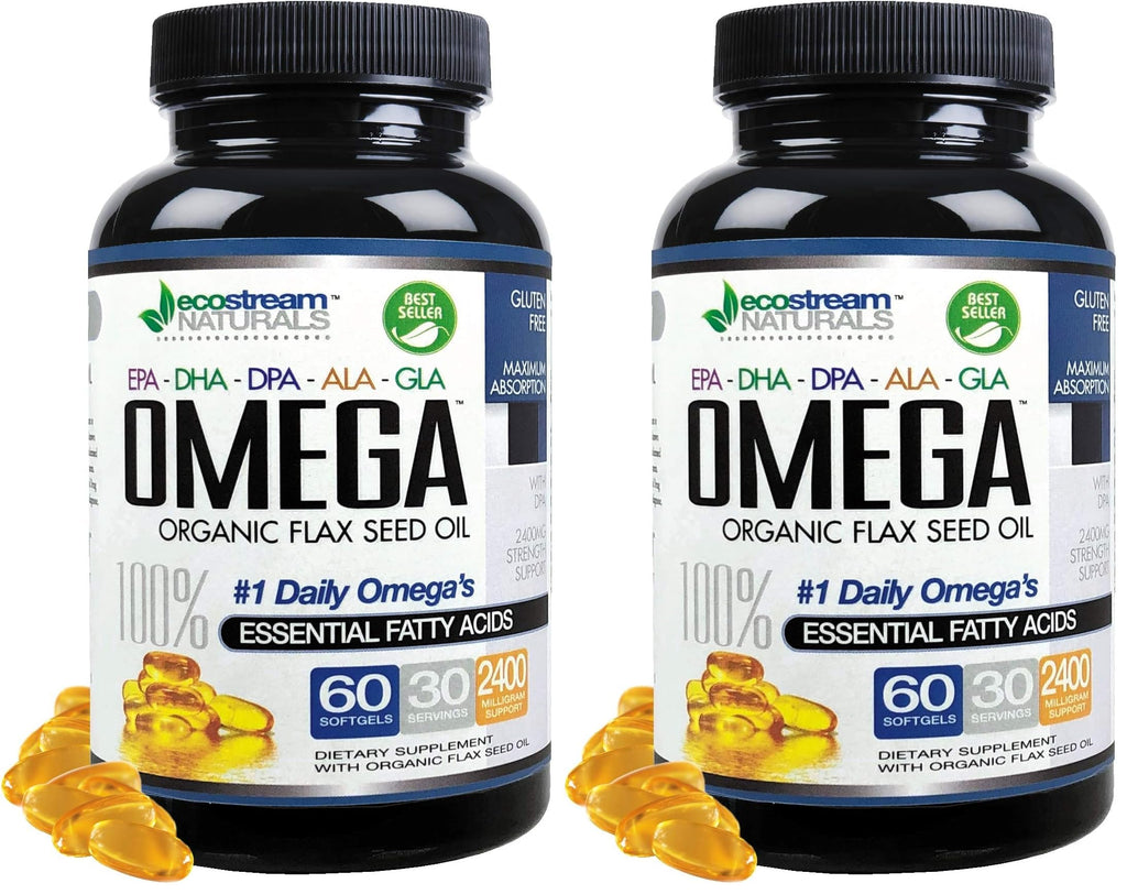 Omega 3-6-9 Blend with DPA, EPA, DHA, ALA & GLA + Organic Flax Seed Oil | Gluten Free 2x60 SoftGels