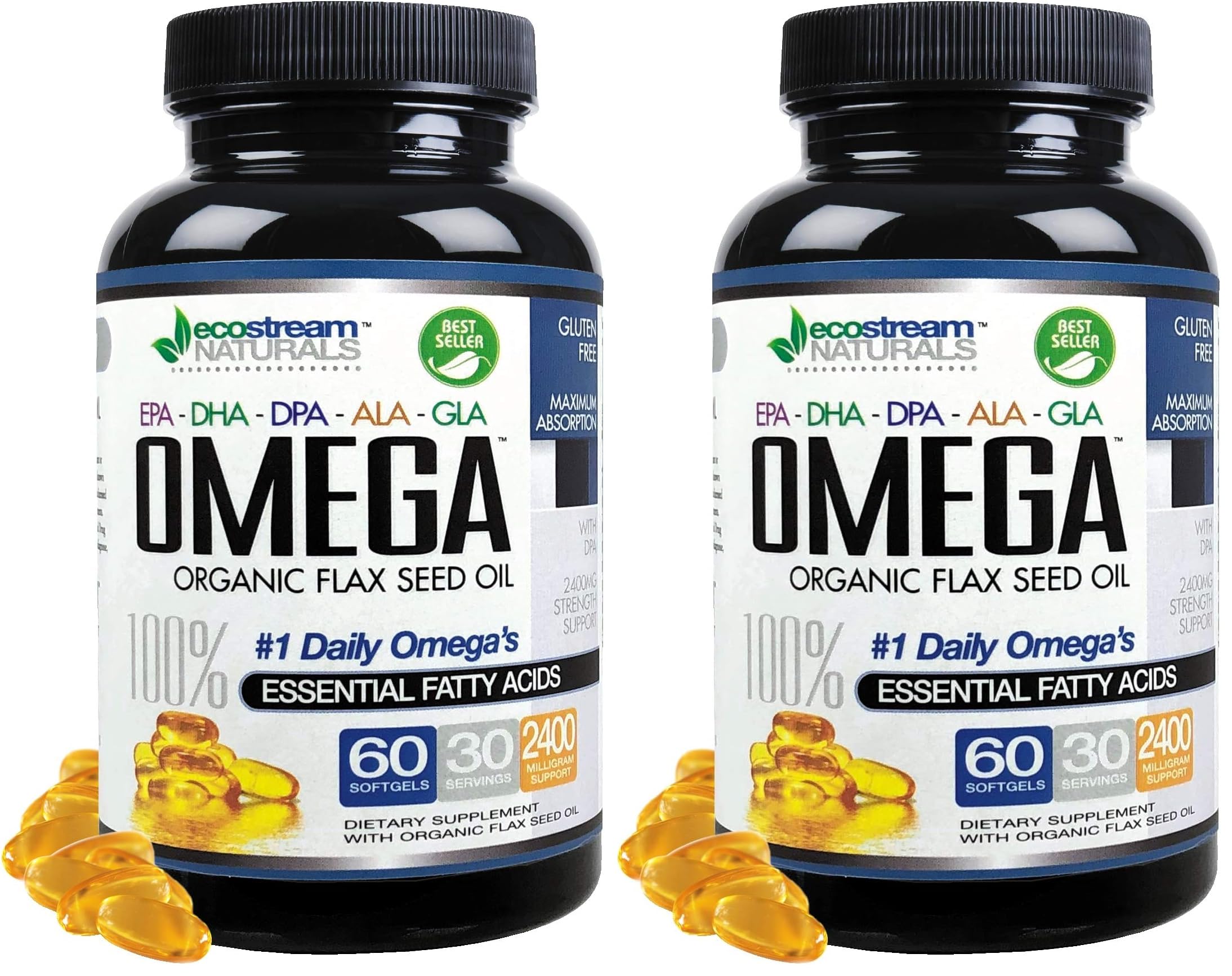 Omega 3-6-9 Blend with DPA, EPA, DHA, ALA & GLA + Organic Flax Seed Oil | Gluten Free 2x60 SoftGels