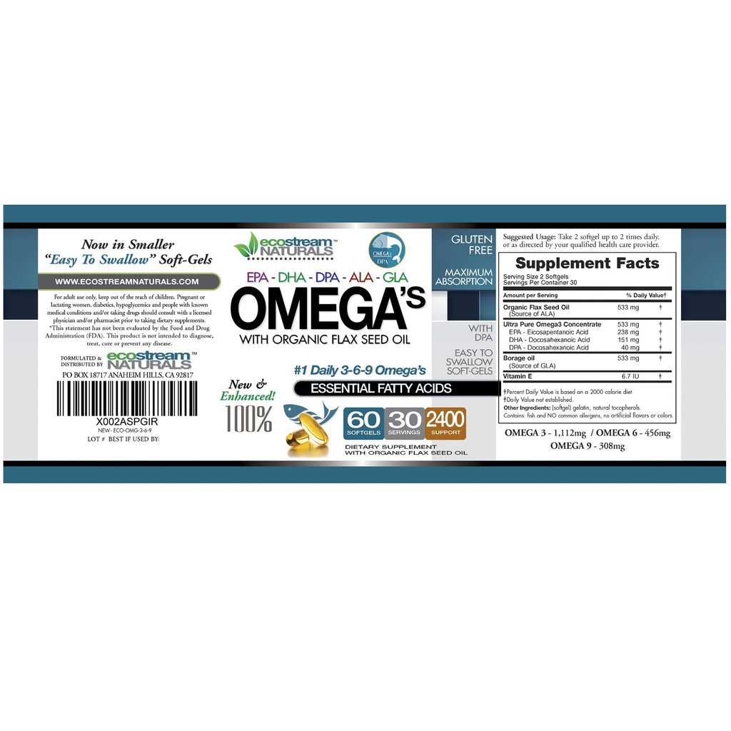 Omega 3-6-9 Blend with DPA, EPA, DHA, ALA & GLA + Organic Flax Seed Oil | Gluten Free 2x60 SoftGels
