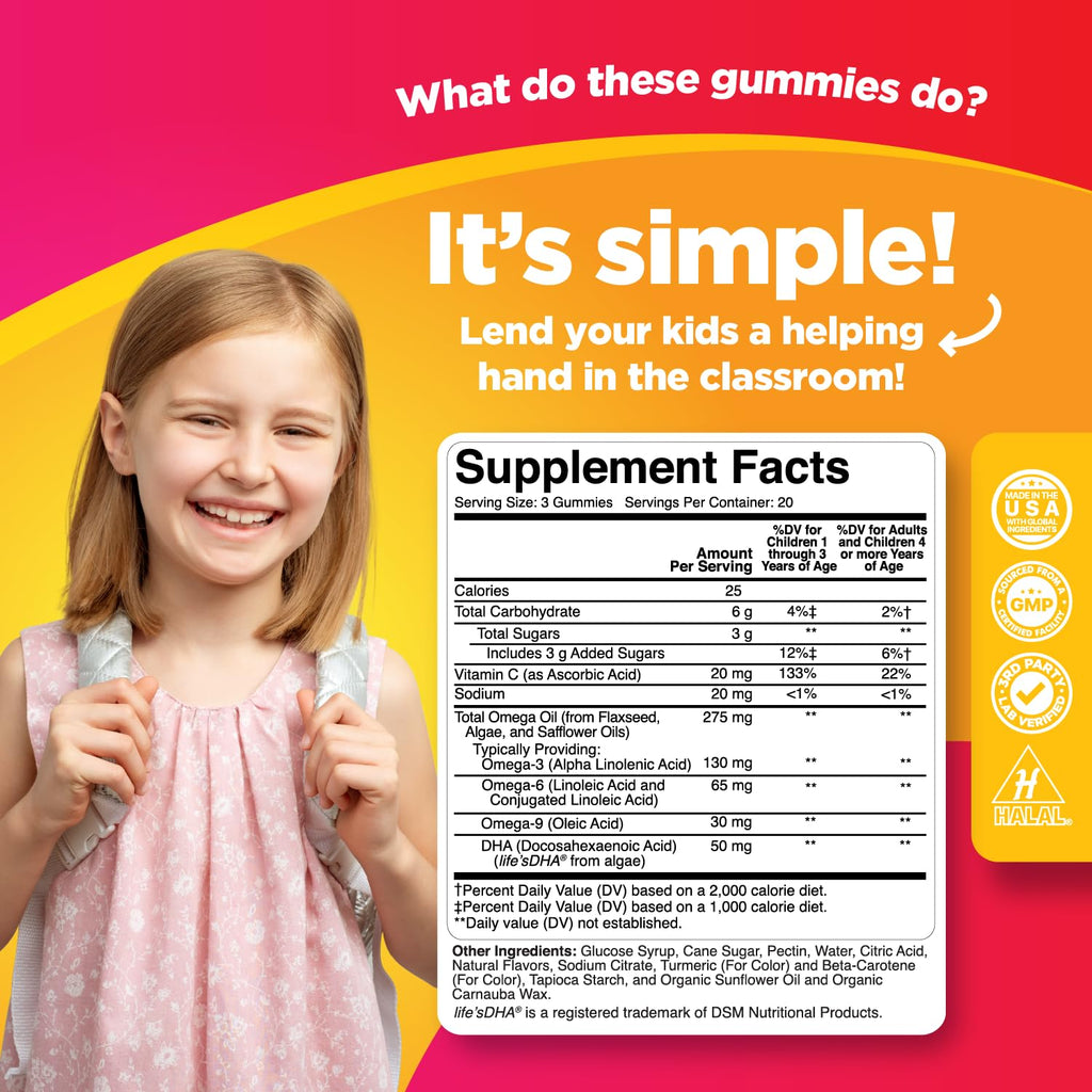 Kids Omega DHA Gummies - Fatty Acids Omega 3 6 9 with Vitamin C for Brain, Immunity & Vision - Nutritional DHA for Kids for Healthy Nervous System & Focus Support - Fish Free & Vegan - 60 Chews