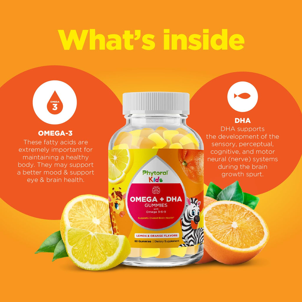 Kids Omega DHA Gummies - Fatty Acids Omega 3 6 9 with Vitamin C for Brain, Immunity & Vision - Nutritional DHA for Kids for Healthy Nervous System & Focus Support - Fish Free & Vegan - 60 Chews