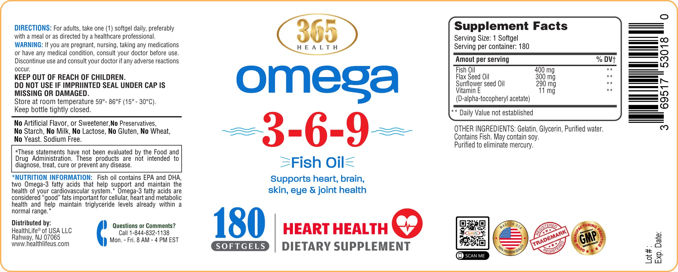 365 Health Omega 3-6-9 180 Softgels – from Fish, Flaxseed & Borage Oils – Non-GMO & Gluten Free (Pack of 2)