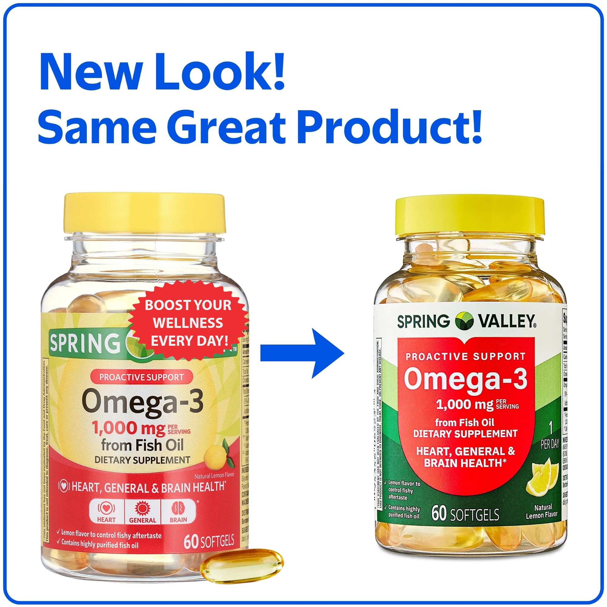 Omega-3 Fish Oil 1000mg Softgels – 60 Count – Brain & Immune Support – Lemon Flavor