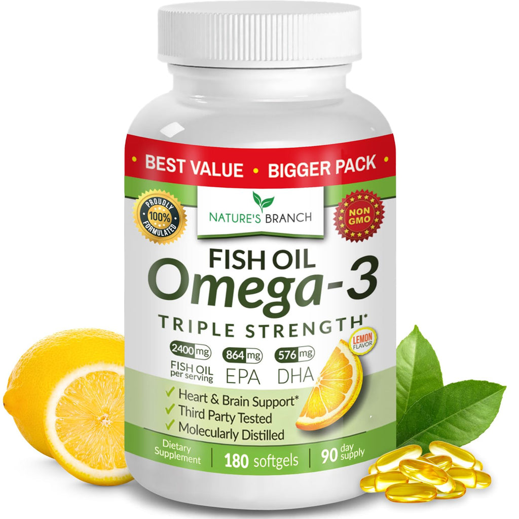 Triple Strength Omega-3 Fish Oil Pills — 180 Softgels, 2400mg, Burpless Lemon