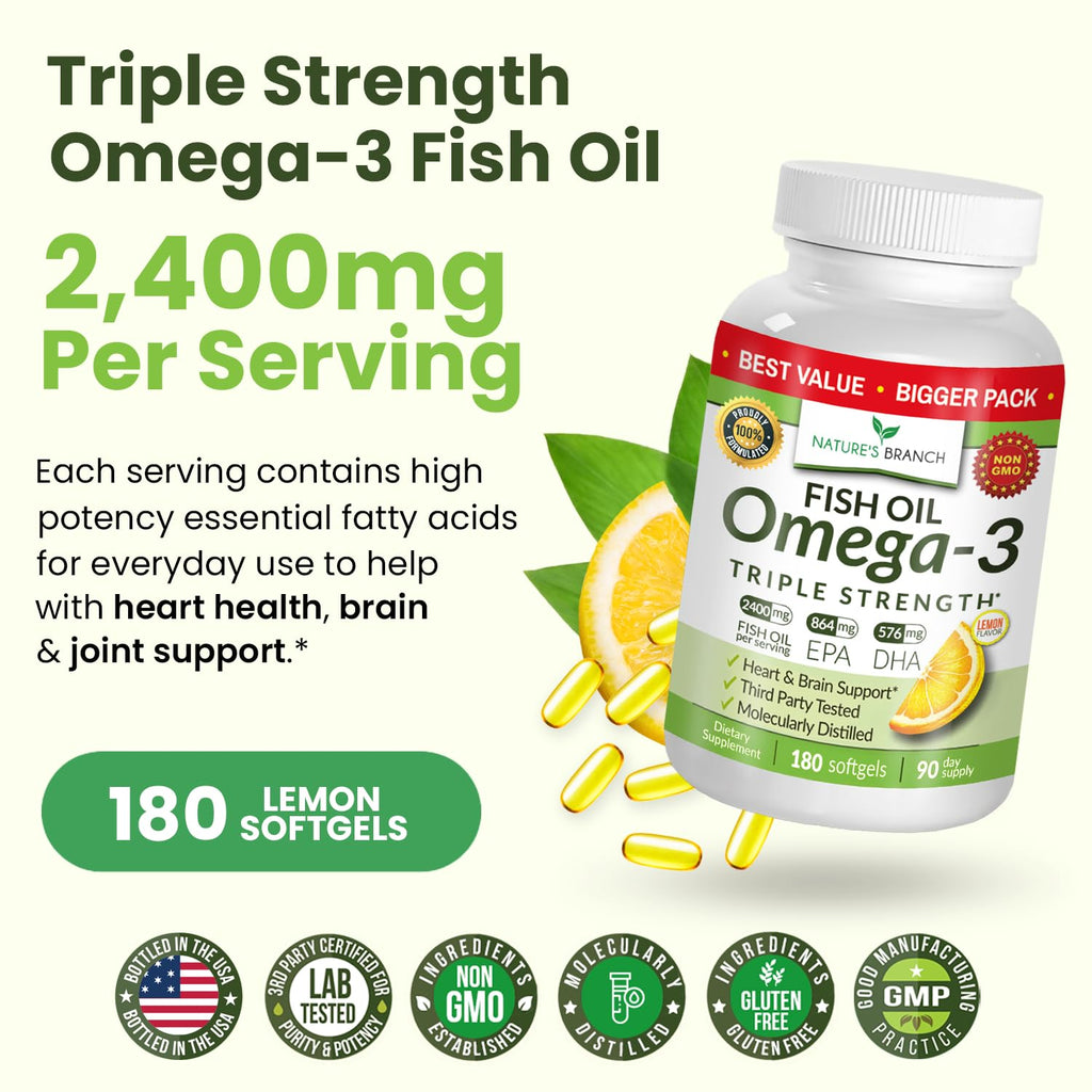 Triple Strength Omega-3 Fish Oil Pills — 180 Softgels, 2400mg, Burpless Lemon