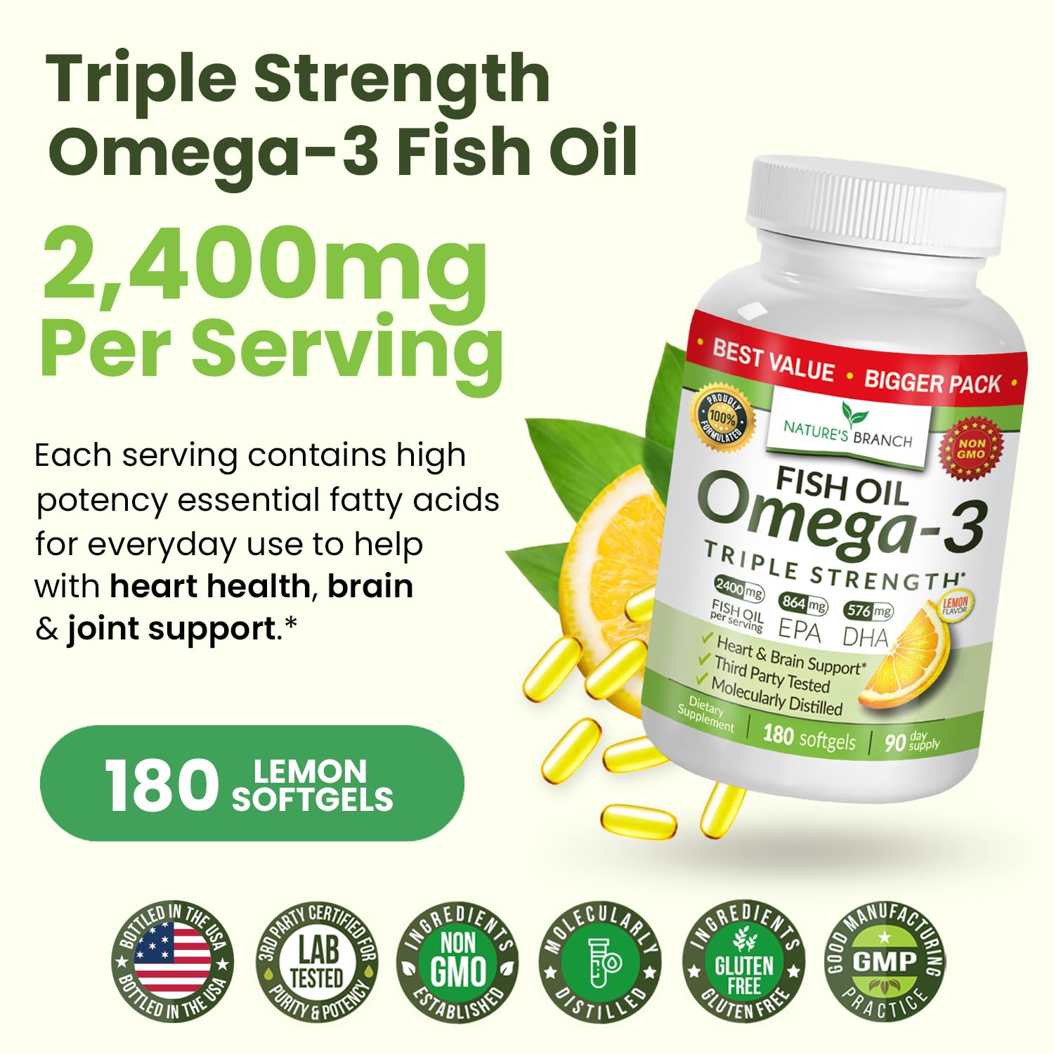 Triple Strength Omega-3 Fish Oil Pills — 180 Softgels, 2400mg, Burpless Lemon