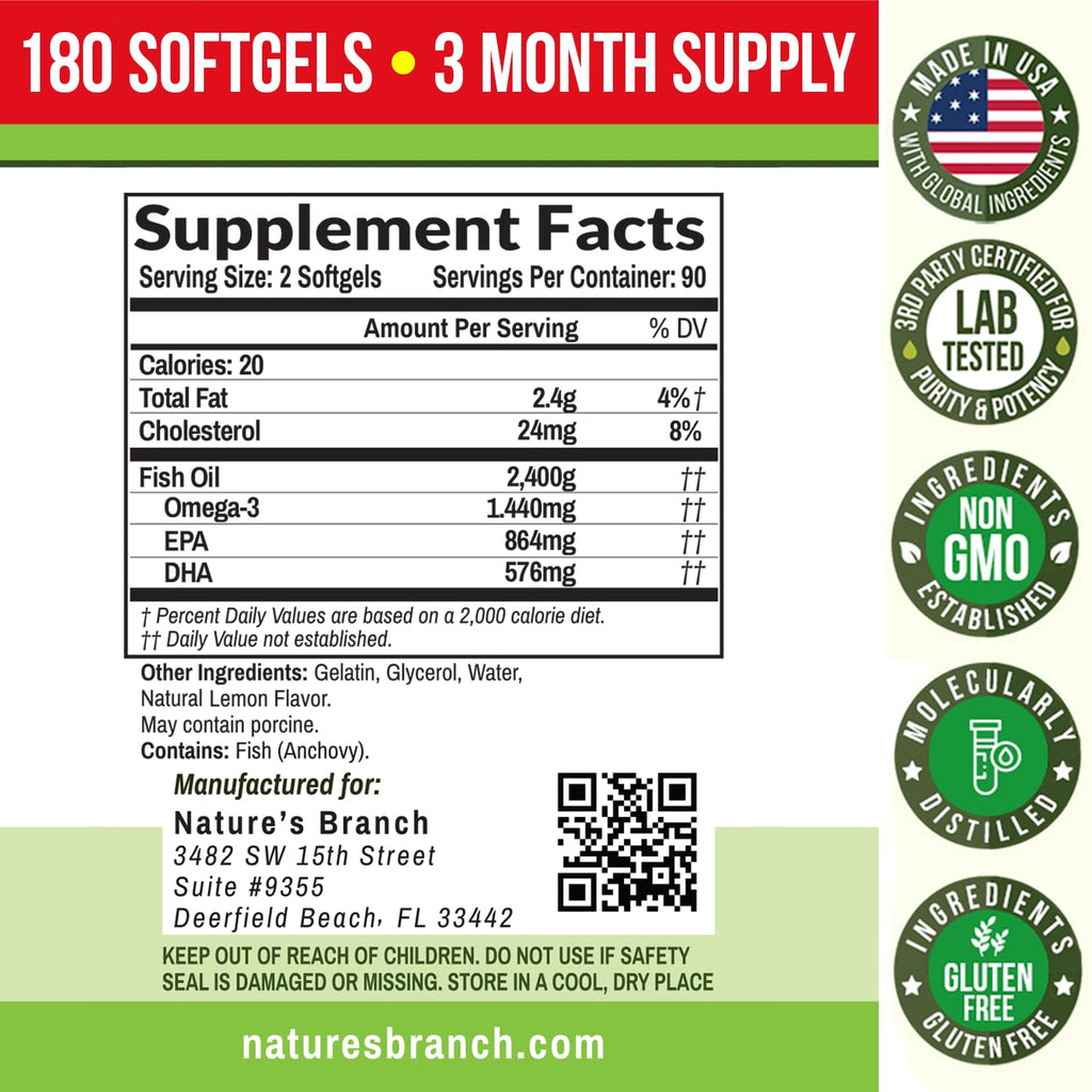 Triple Strength Omega-3 Fish Oil Pills — 180 Softgels, 2400mg, Burpless Lemon