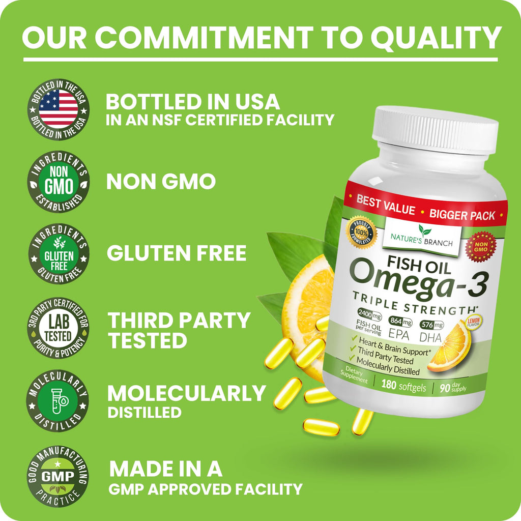 Triple Strength Omega-3 Fish Oil Pills — 180 Softgels, 2400mg, Burpless Lemon