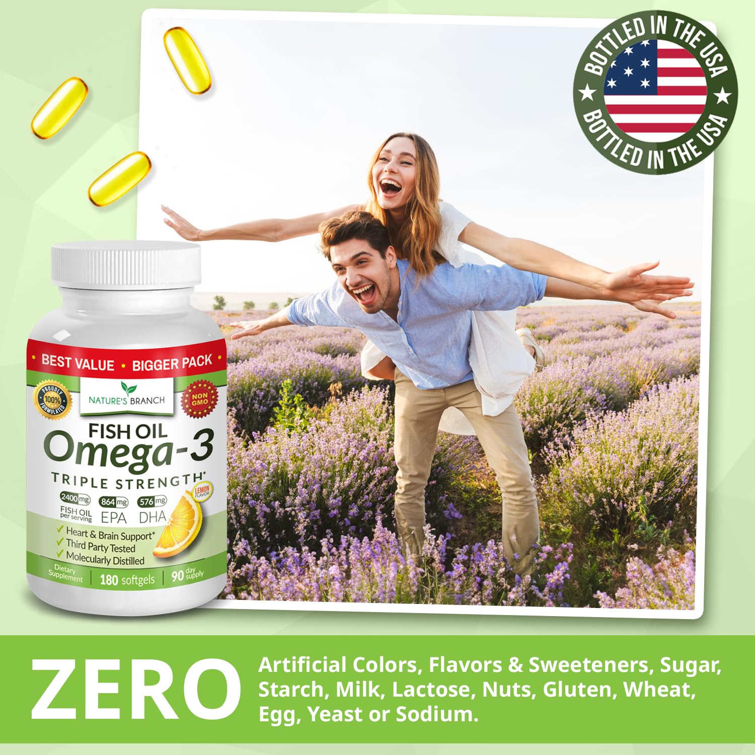 Triple Strength Omega-3 Fish Oil Pills — 180 Softgels, 2400mg, Burpless Lemon