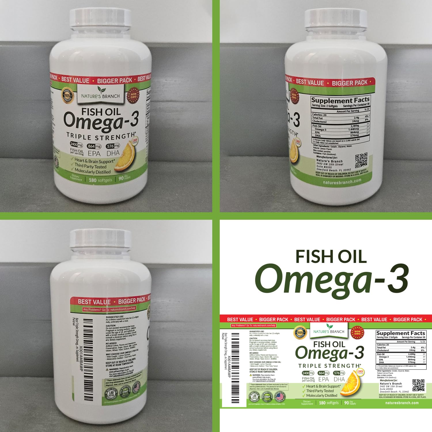 Triple Strength Omega-3 Fish Oil Pills — 180 Softgels, 2400mg, Burpless Lemon