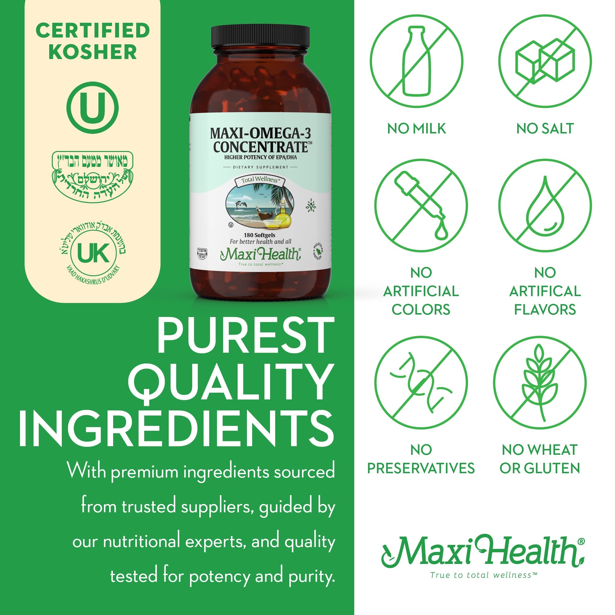Maxi Health Omega-3 Triple Strength Fish Oil 2000 mg – EPA 680 mg / DHA 460 mg • Kosher 180 Softgels