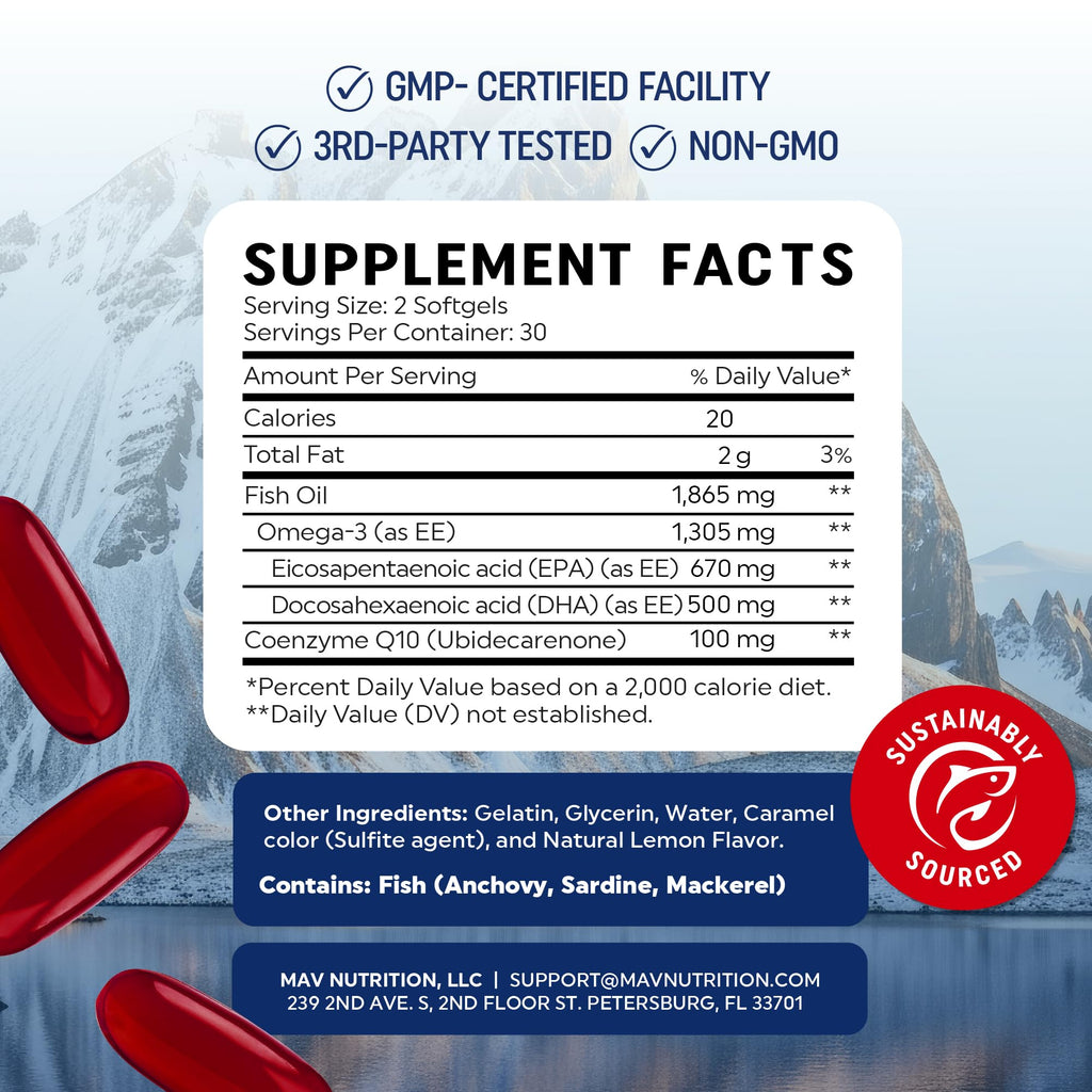 Omega 3 Fish Oil + CoQ10 – 1305mg Omega-3, 100mg CoQ10 | Heart Health | Non-GMO | 60 ct