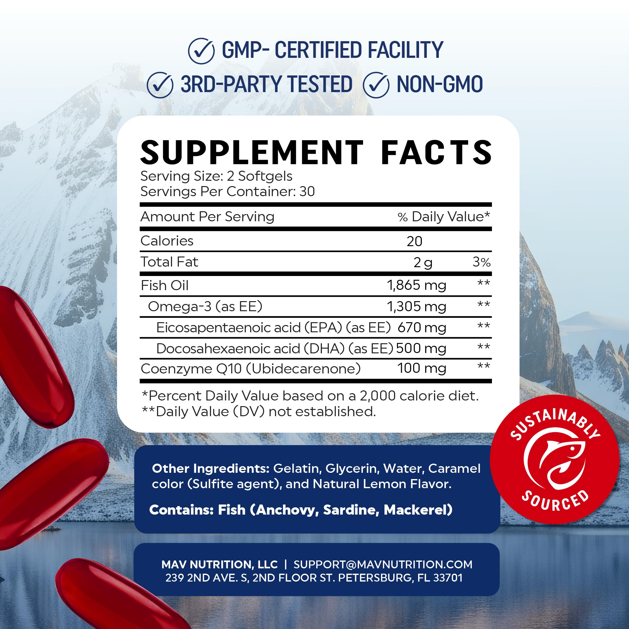 Omega 3 Fish Oil + CoQ10 – 1305mg Omega-3, 100mg CoQ10 | Heart Health | Non-GMO | 60 ct