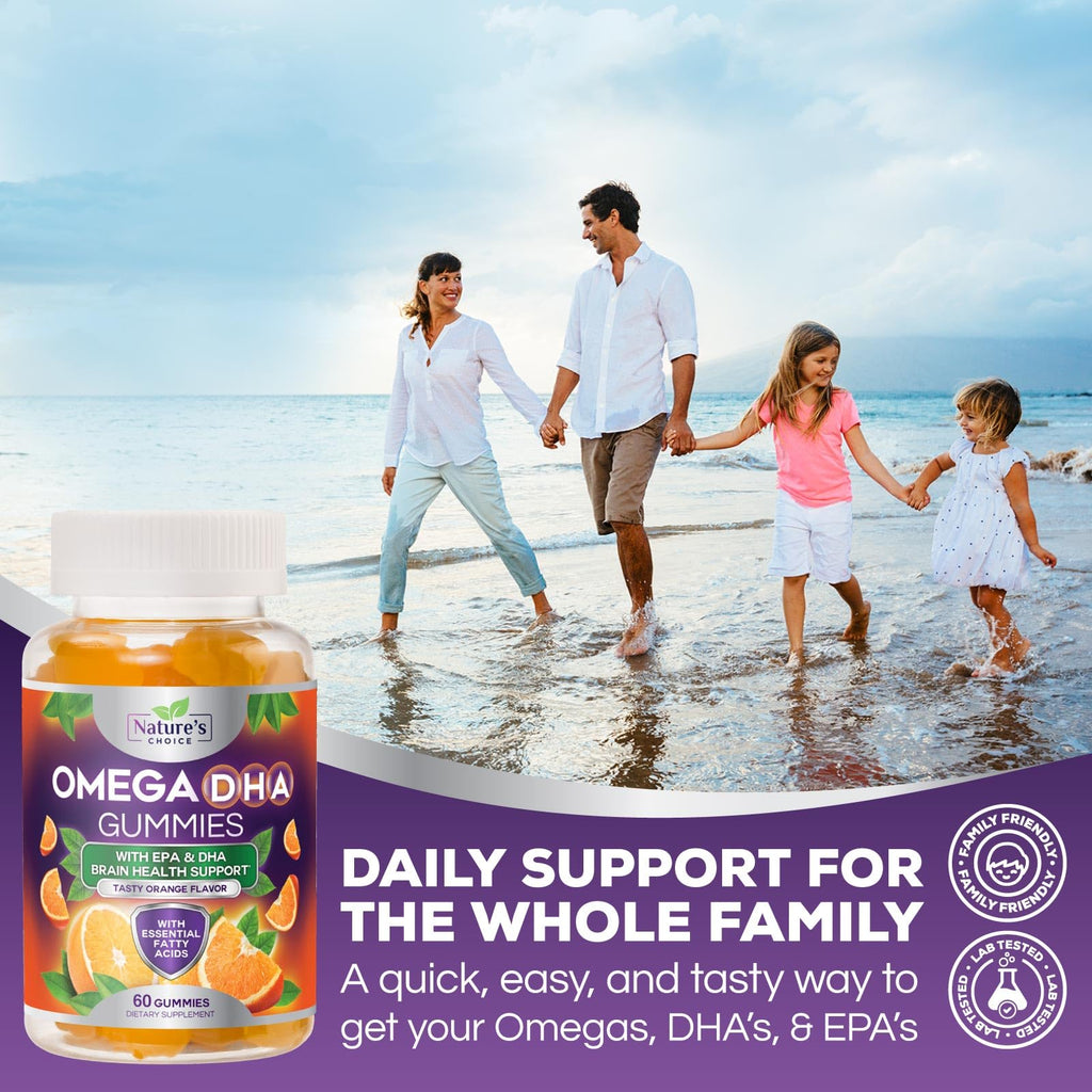 Omega 3 Fish Oil Gummies - Triple Strength DHA & EPA - Orange Flavor, 60 Gummies | Heart, Brain & Joint Health