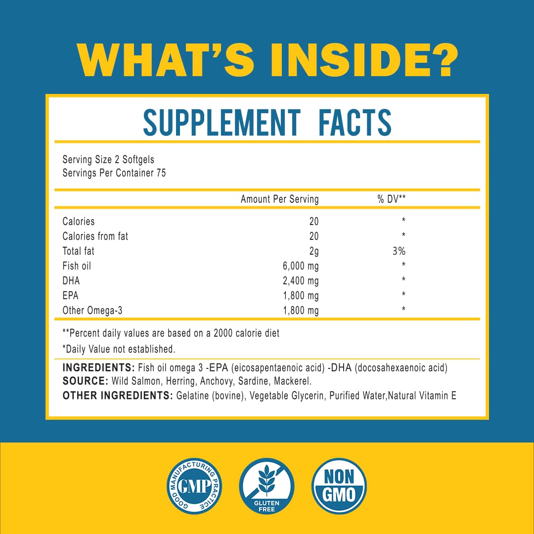 Omega-3 Fish Oil with Maximum EPA/DHA – Brain, Liver, Heart & Immunity | Made in USA | 150 Softgels