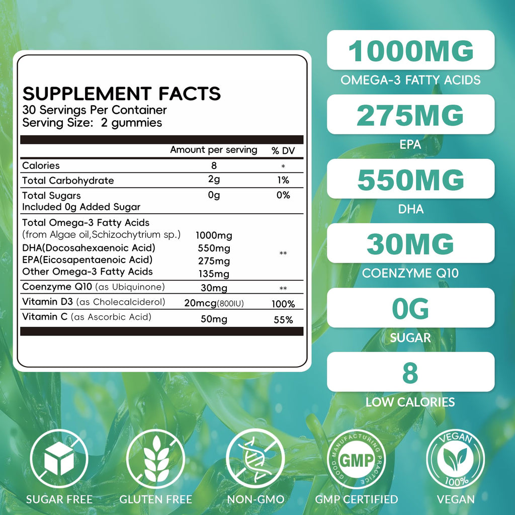 2 Pack Vegan Omega-3 Gummies with CoQ10 – Plant-Based DHA 550mg + EPA 275mg, Vitamin D3/E/C, Sugar Free, 120 Count