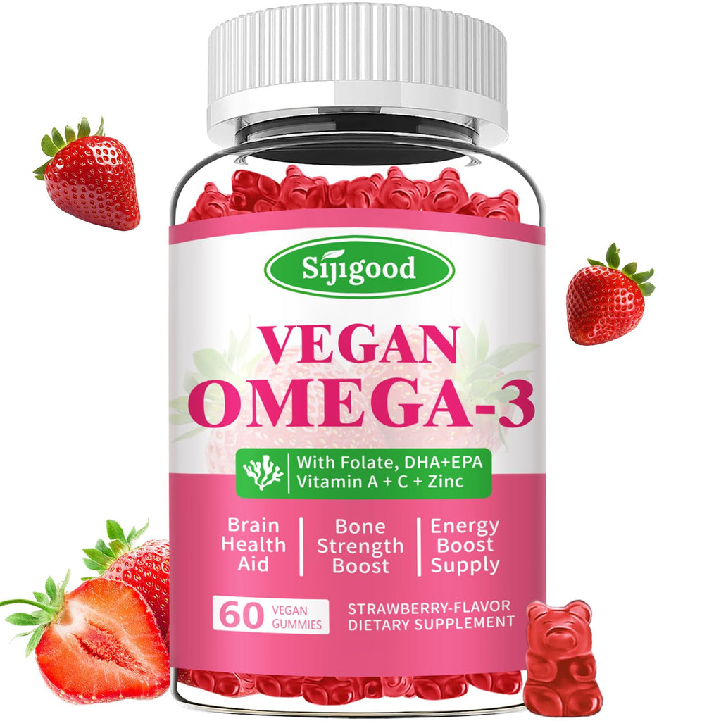 Algae Omega-3 Gummies (DHA & EPA) – Vegan, Sugar-Free, Strawberry, 60 Count