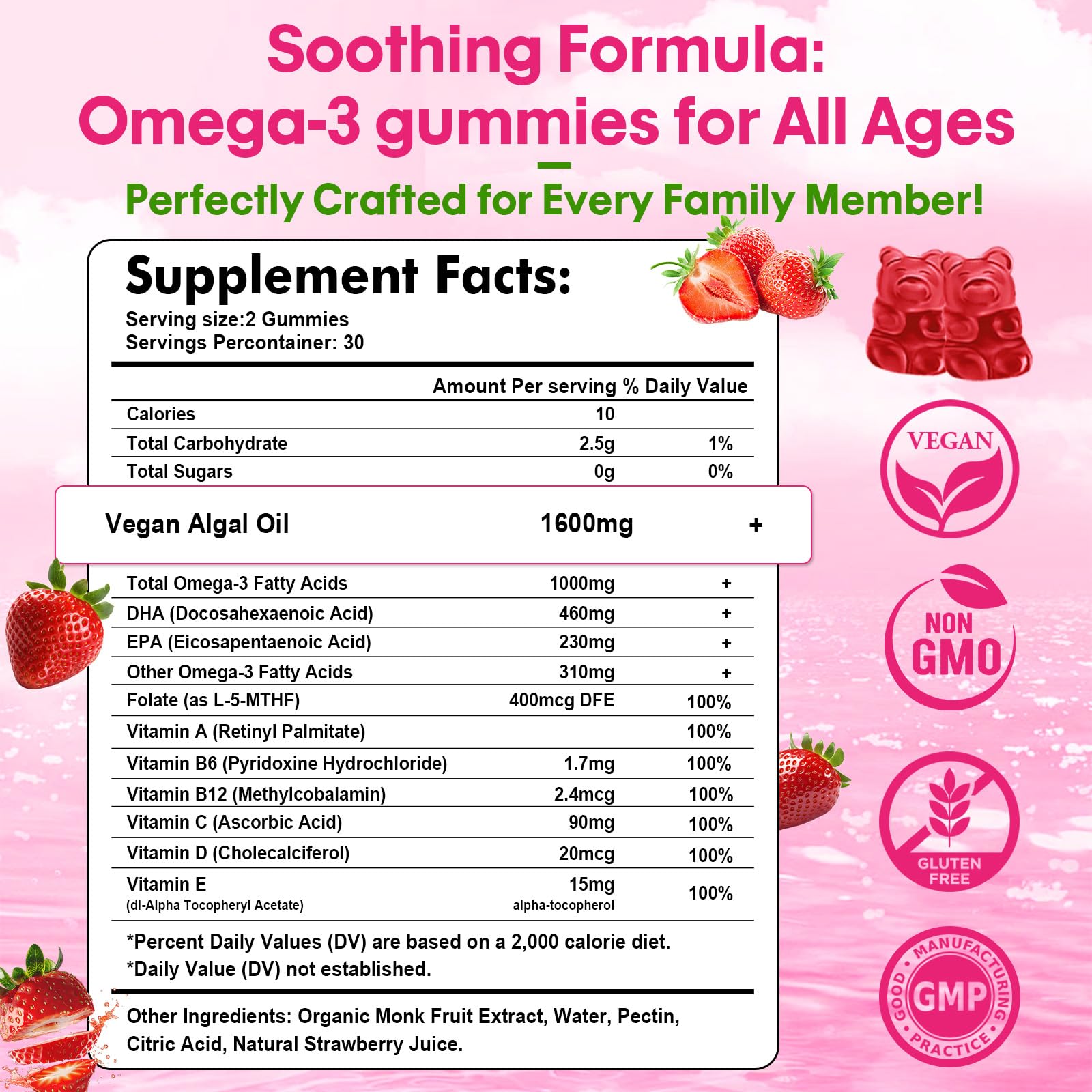 Algae Omega-3 Gummies (DHA & EPA) – Vegan, Sugar-Free, Strawberry, 60 Count