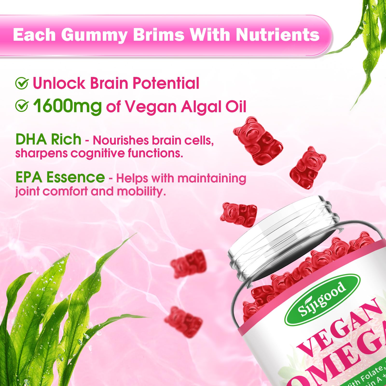 Algae Omega-3 Gummies (DHA & EPA) – Vegan, Sugar-Free, Strawberry, 60 Count