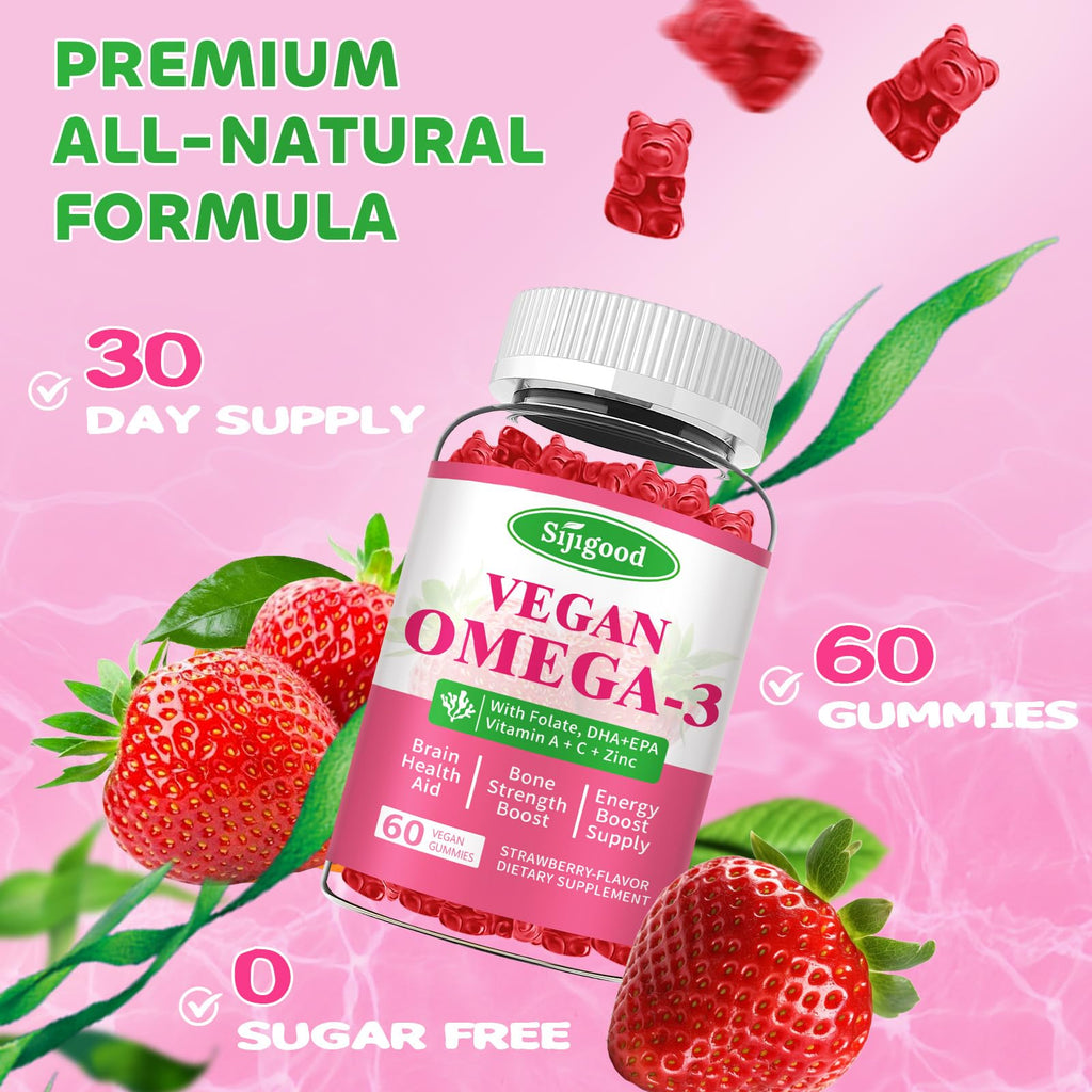 Algae Omega-3 Gummies (DHA & EPA) – Vegan, Sugar-Free, Strawberry, 60 Count