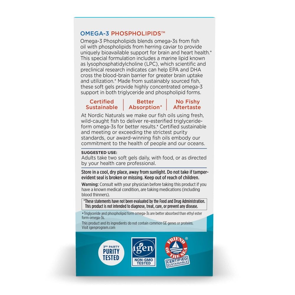 Nordic Naturals Omega-3 Phospholipids - Unflavored, 60 Soft Gels | 500 mg Omega-3 & 350 mg Phospholipids