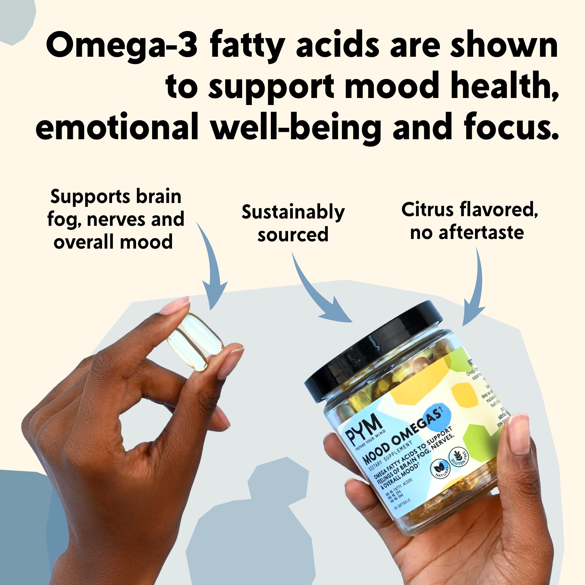Omega-3 Supplement by PYM for Mood and Emotional Support (60 Count) | Omega-3 Fatty Acids, DHA, EPA & Vitamin E | Non-GMO, Gluten-Free, No Added Sugar