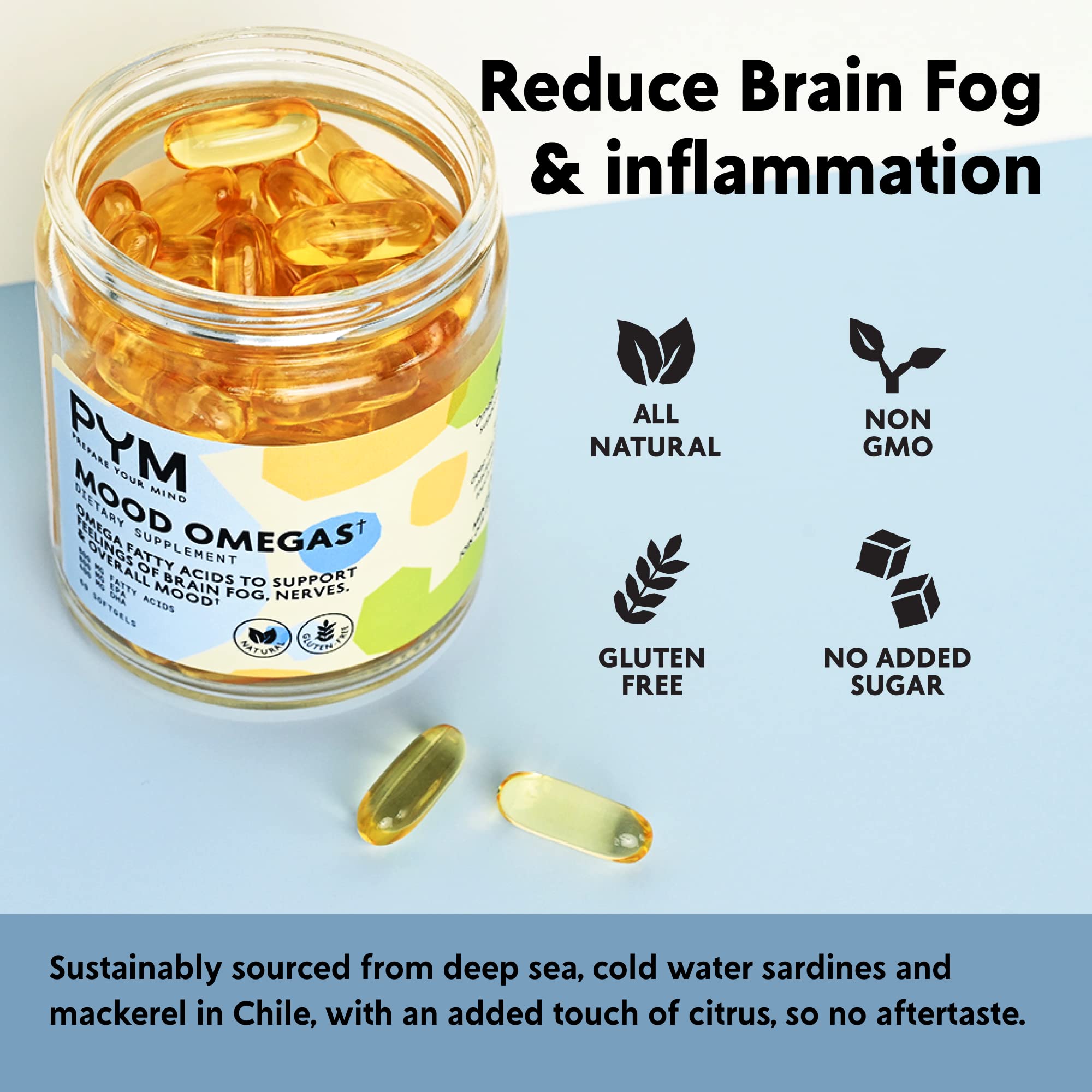 Omega-3 Supplement by PYM for Mood and Emotional Support (60 Count) | Omega-3 Fatty Acids, DHA, EPA & Vitamin E | Non-GMO, Gluten-Free, No Added Sugar