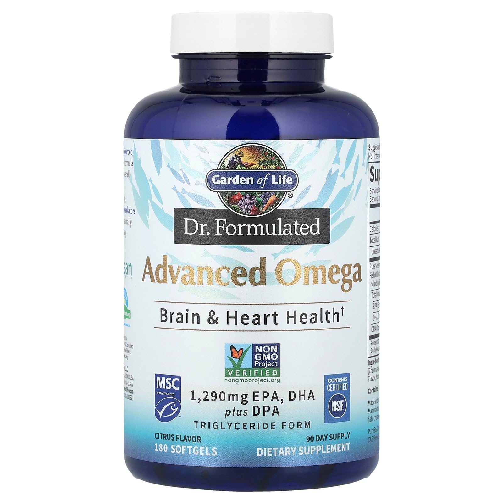 Garden of Life Dr. Formulated Advanced Omega Fish Oil - Lemon | 1,290 mg Omega-3 (EPA 695 mg, DHA 465 mg, DPA 30 mg), TG Form, 180 Softgels