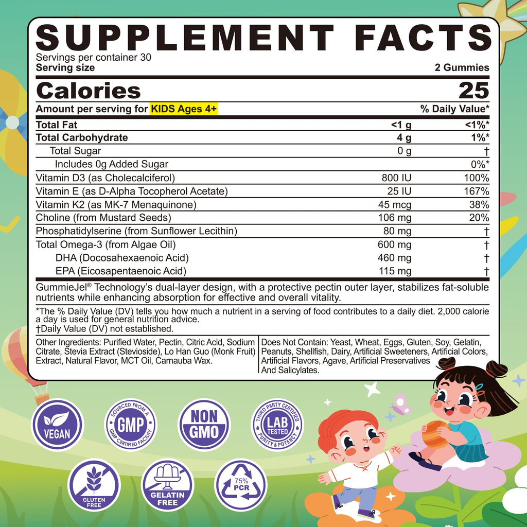 Omega-3 for Kids 4+ | Algae EPA/DHA Gummies + Vitamin D3 & K2, Zero Sugar, Lemon, 60 Count
